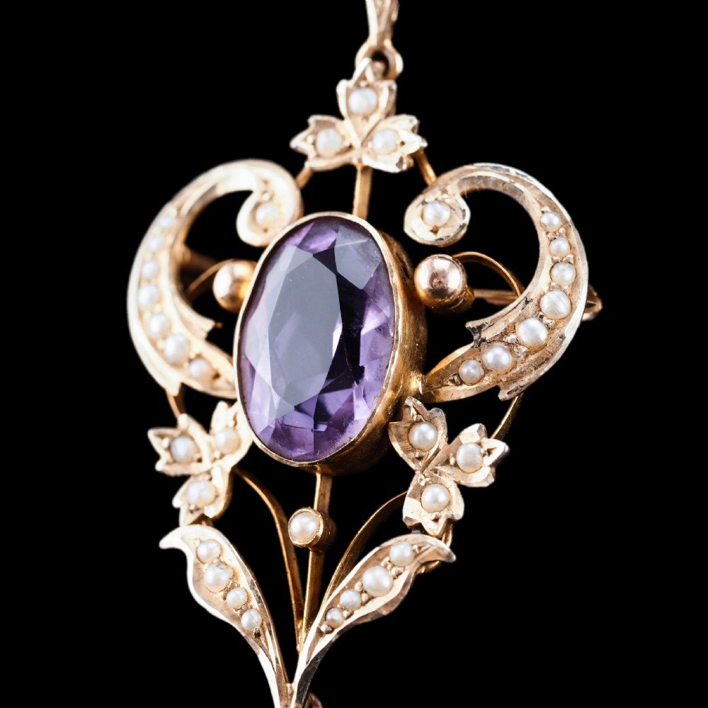Antique Edwardian Amethyst & Seed Pearl 9ct Gold Pendant Necklace, Art Nouveau Design - c.1910 View XI
