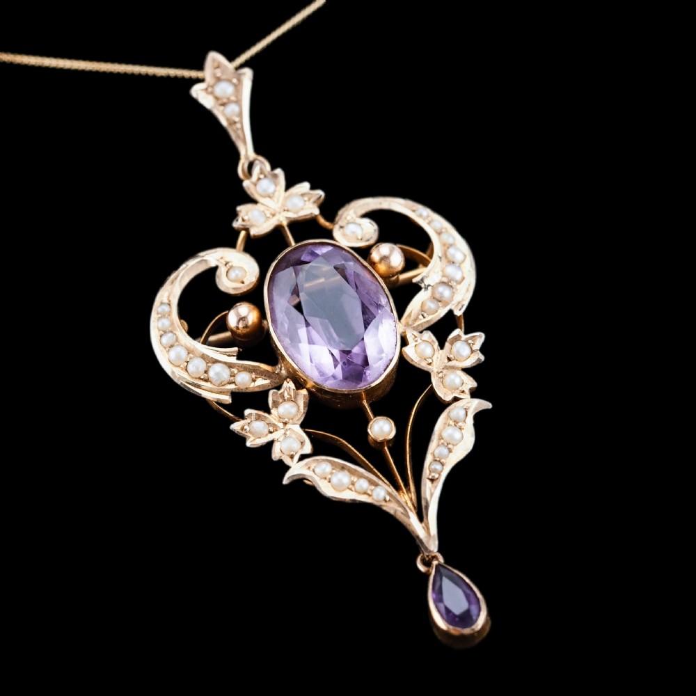 Antique Edwardian Amethyst & Seed Pearl 9ct Gold Pendant Necklace, Art Nouveau Design - c.1910 View XII