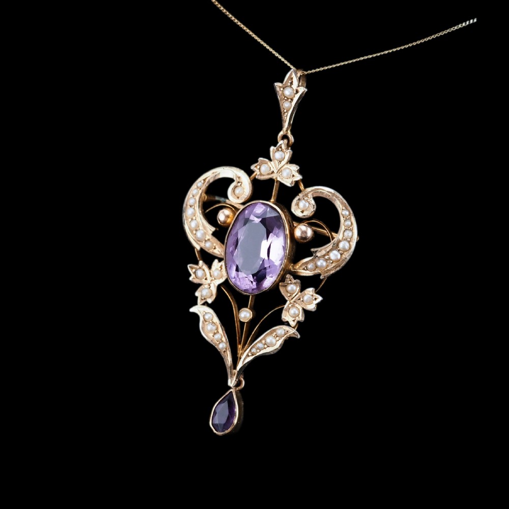 Antique Edwardian Amethyst & Seed Pearl 9ct Gold Pendant Necklace, Art Nouveau Design - c.1910 View XIII