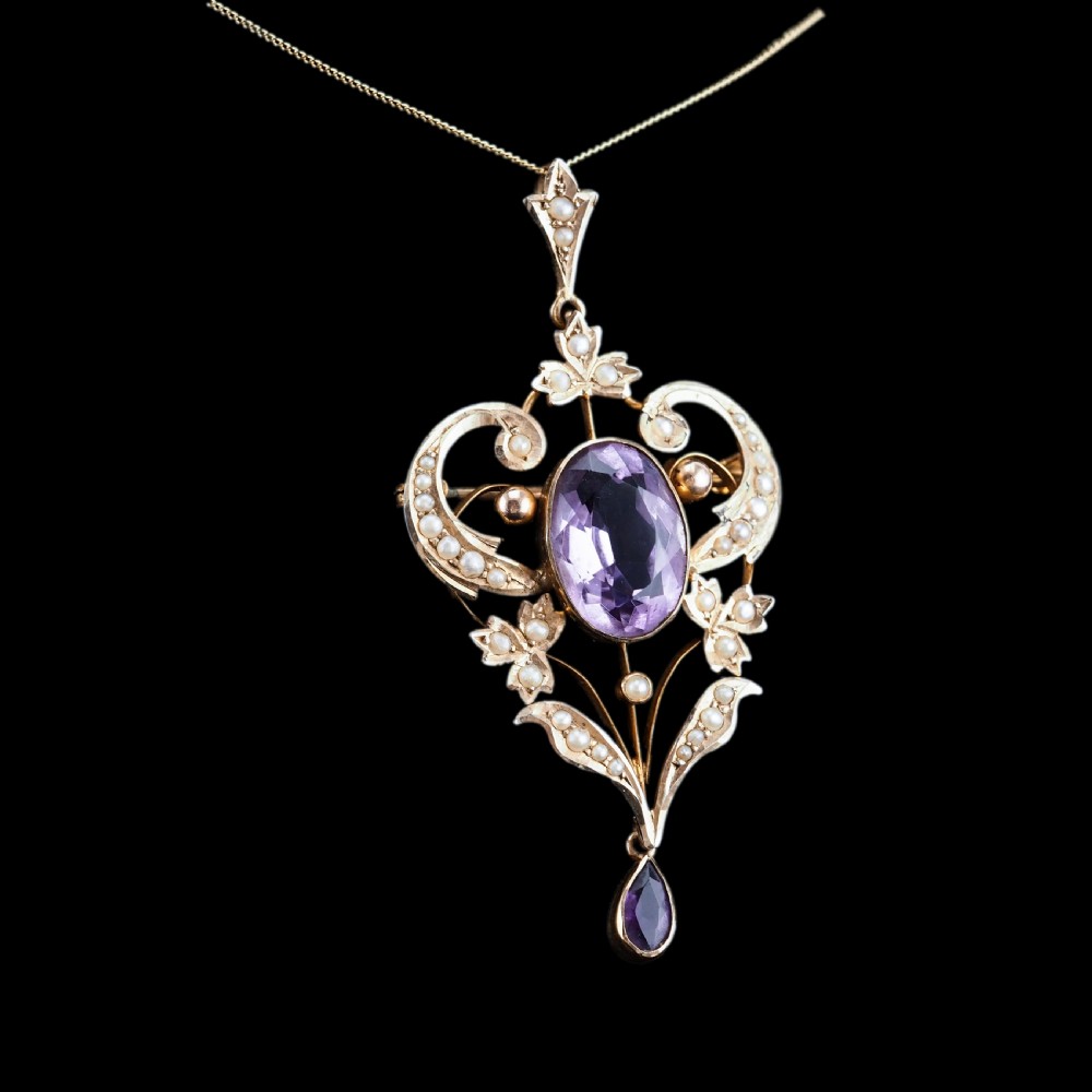 Antique Edwardian Amethyst & Seed Pearl 9ct Gold Pendant Necklace, Art Nouveau Design - c.1910 View XIV