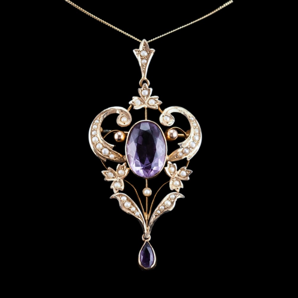 Antique Edwardian Amethyst & Seed Pearl 9ct Gold Pendant Necklace, Art Nouveau Design - c.1910 View XV