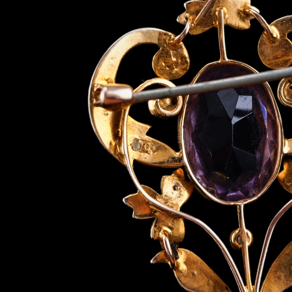 Antique Edwardian Amethyst & Seed Pearl 9ct Gold Pendant Necklace, Art Nouveau Design - c.1910 View XVI