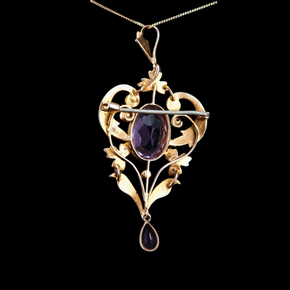 Antique Edwardian Amethyst & Seed Pearl 9ct Gold Pendant Necklace, Art Nouveau Design - c.1910 View XVII