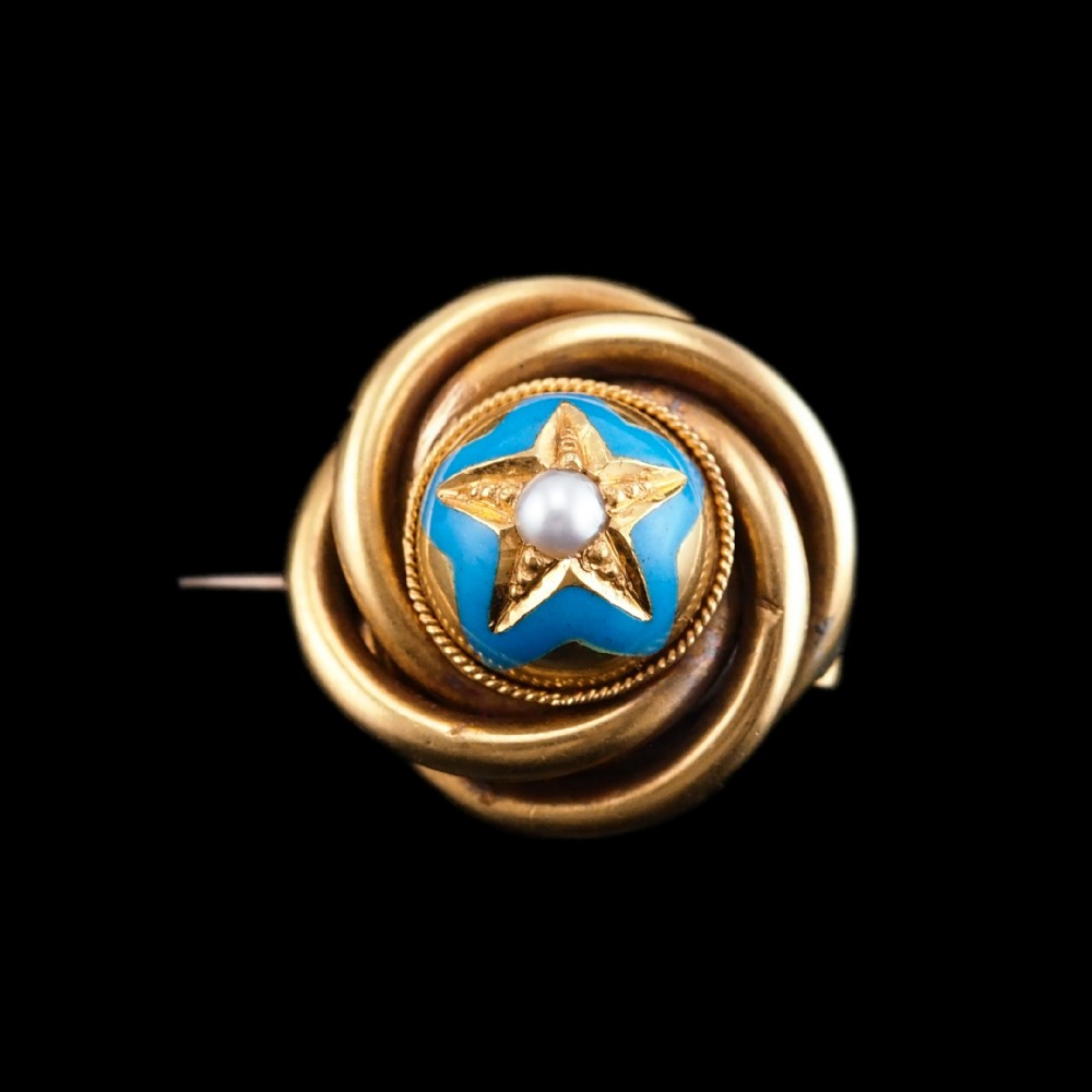 Antique Victorian 18ct Gold Star Blue Enamel Pearl Brooch Pin - c.1880