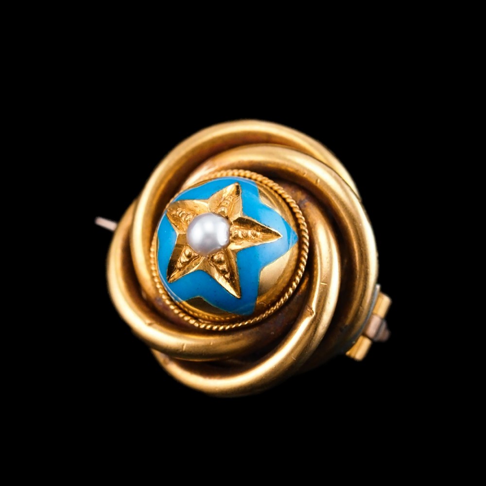 Antique Victorian 18ct Gold Star Blue Enamel Pearl Brooch Pin - c.1880 View IX