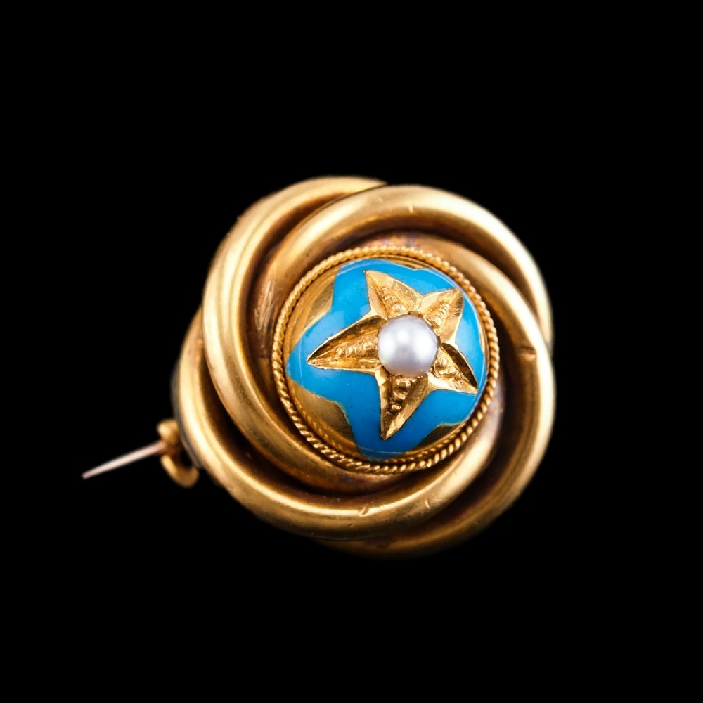 Antique Victorian 18ct Gold Star Blue Enamel Pearl Brooch Pin - c.1880 View X
