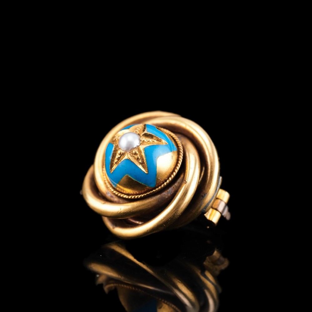 Antique Victorian 18ct Gold Star Blue Enamel Pearl Brooch Pin - c.1880 View XII