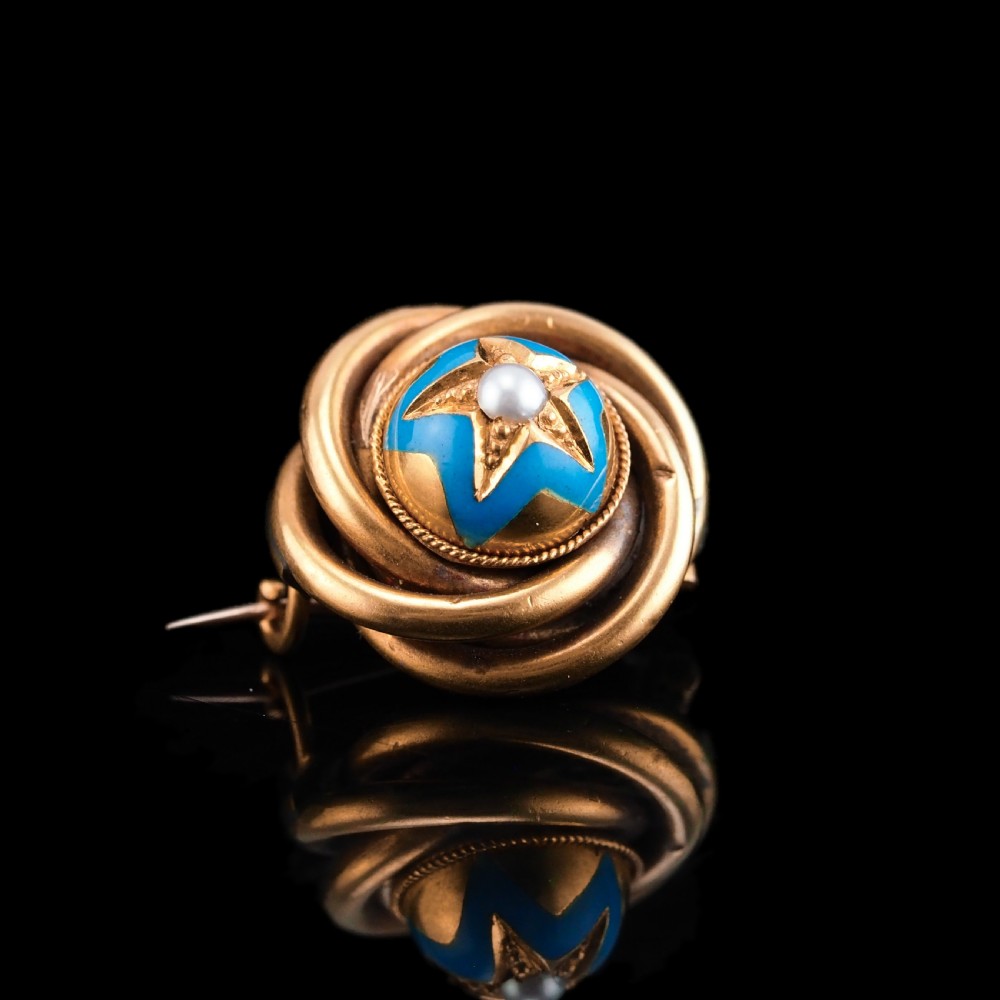 Antique Victorian 18ct Gold Star Blue Enamel Pearl Brooch Pin - c.1880 View XIII