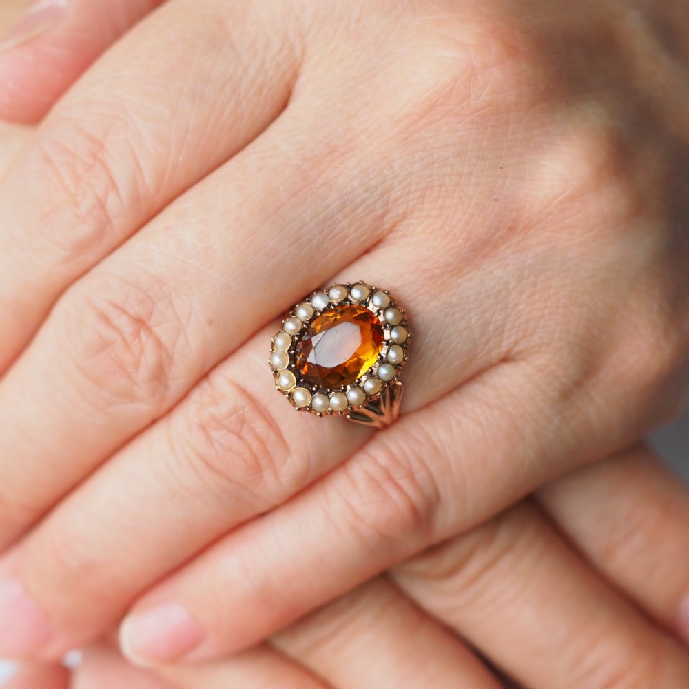 Antique Victorian Citrine & Seed Pearl Cluster Ring 9ct Gold - c.1890 View III