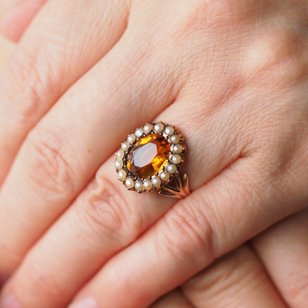 Antique Victorian Citrine & Seed Pearl Cluster Ring 9ct Gold - c.1890 View IV