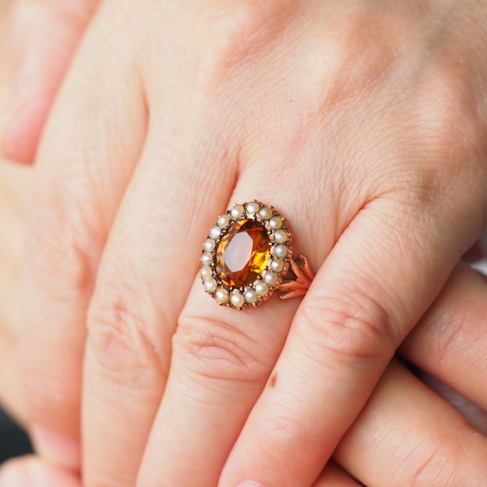 Antique Victorian Citrine & Seed Pearl Cluster Ring 9ct Gold - c.1890 View V