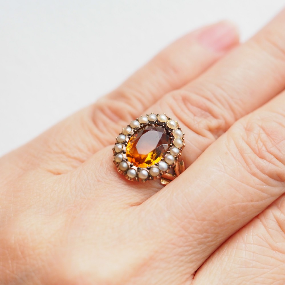 Antique Victorian Citrine & Seed Pearl Cluster Ring 9ct Gold - c.1890 View VI