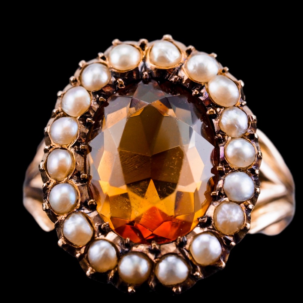 Antique Victorian Citrine & Seed Pearl Cluster Ring 9ct Gold - c.1890 View IX