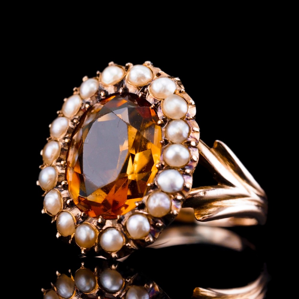 Antique Victorian Citrine & Seed Pearl Cluster Ring 9ct Gold - c.1890 View X