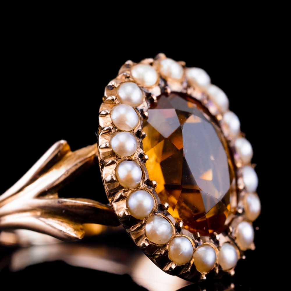 Antique Victorian Citrine & Seed Pearl Cluster Ring 9ct Gold - c.1890 View XI