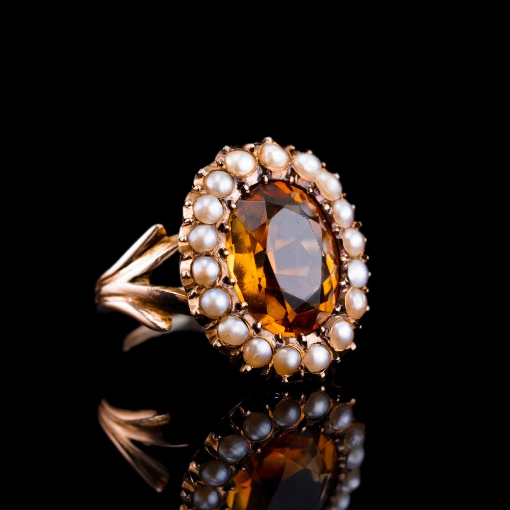 Antique Victorian Citrine & Seed Pearl Cluster Ring 9ct Gold - c.1890 View XII