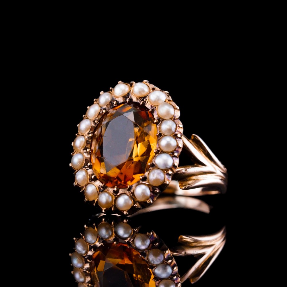 Antique Victorian Citrine & Seed Pearl Cluster Ring 9ct Gold - c.1890 View XIII