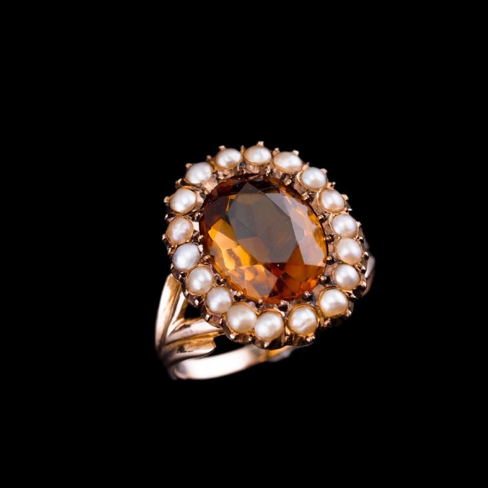 Antique Victorian Citrine & Seed Pearl Cluster Ring 9ct Gold - c.1890 View XIV