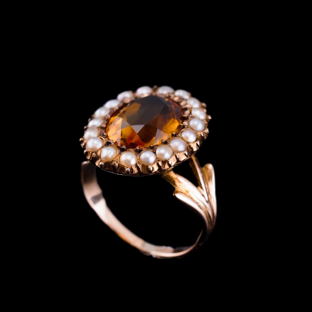 Antique Victorian Citrine & Seed Pearl Cluster Ring 9ct Gold - c.1890 View XV