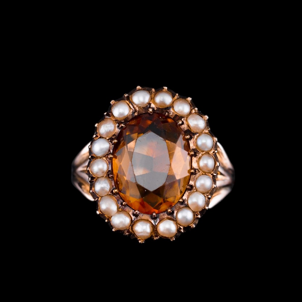 Antique Victorian Citrine & Seed Pearl Cluster Ring 9ct Gold - c.1890 View XVI