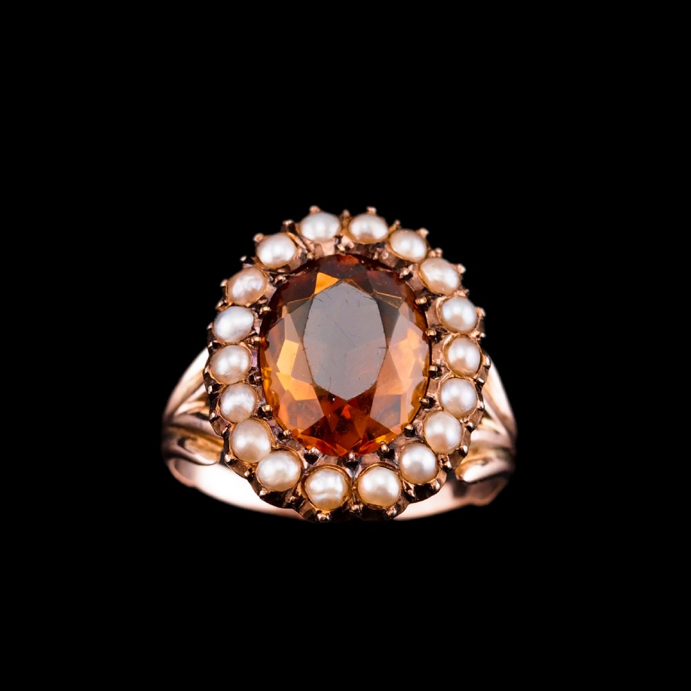 Antique Victorian Citrine & Seed Pearl Cluster Ring 9ct Gold - c.1890 View XVII