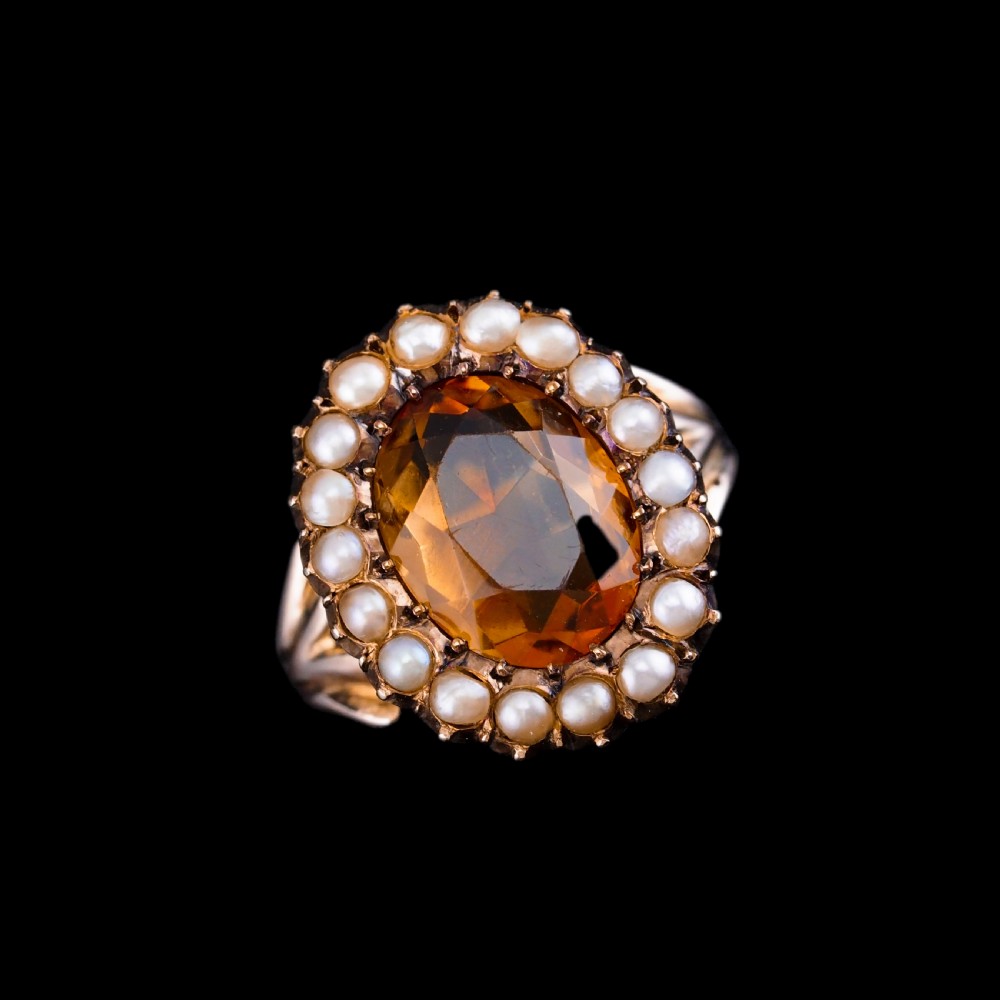 Antique Victorian Citrine & Seed Pearl Cluster Ring 9ct Gold - c.1890 View XVIII