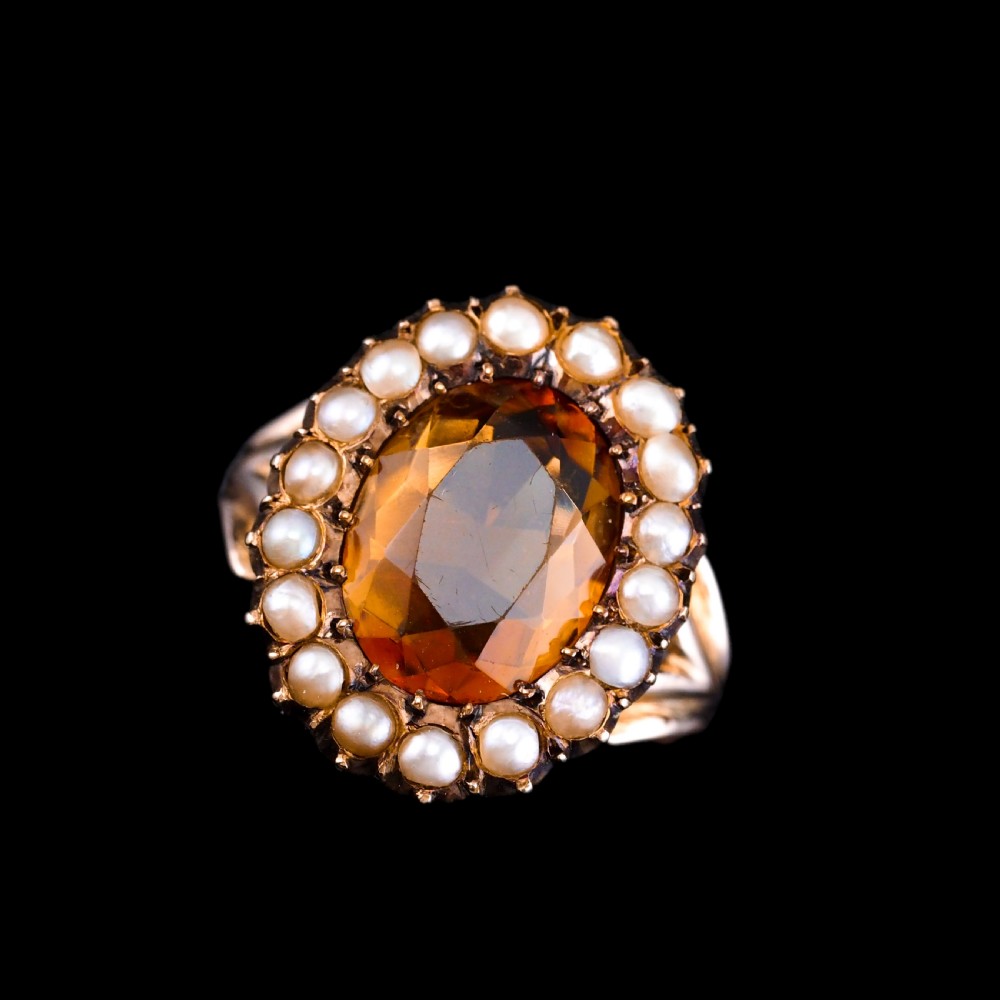 Antique Victorian Citrine & Seed Pearl Cluster Ring 9ct Gold - c.1890 View XIX