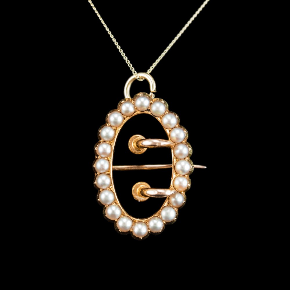 Antique Victorian 15ct Gold Seed Pearl Buckle Pendant Brooch Necklace - c.1890 View IX