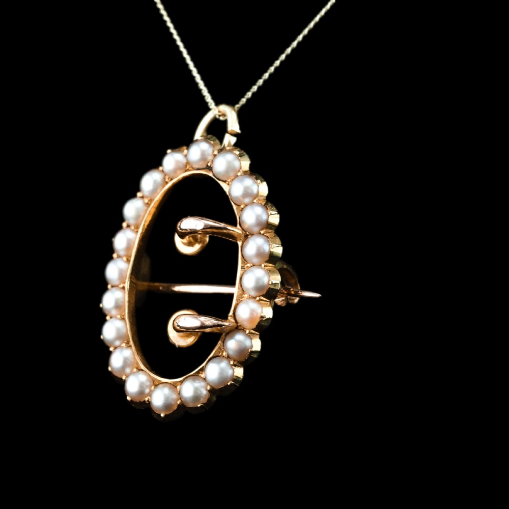 Antique Victorian 15ct Gold Seed Pearl Buckle Pendant Brooch Necklace - c.1890 View VII