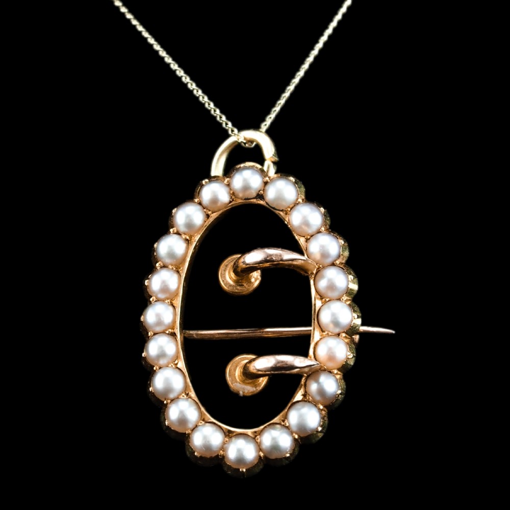 Antique Victorian 15ct Gold Seed Pearl Buckle Pendant Brooch Necklace - c.1890