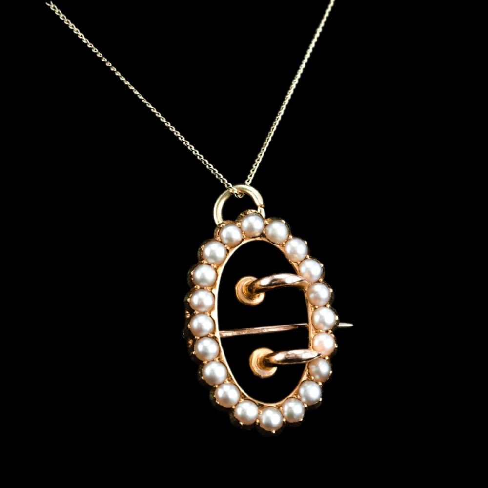 Antique Victorian 15ct Gold Seed Pearl Buckle Pendant Brooch Necklace - c.1890 View X