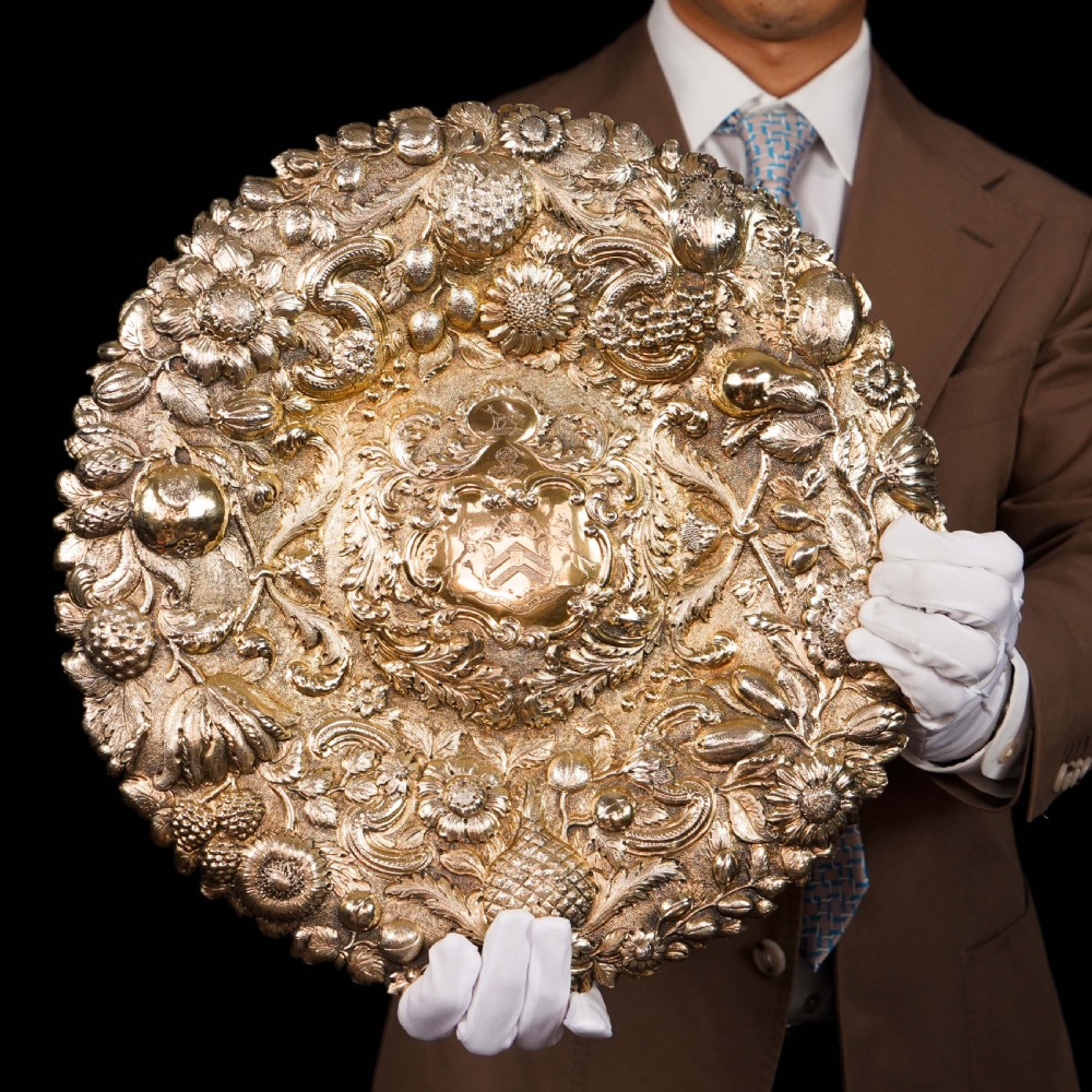 Antique Georgian Solid Silver Gilt Charger/Sideboard Dish Baronet Coat of Arms - London 1809