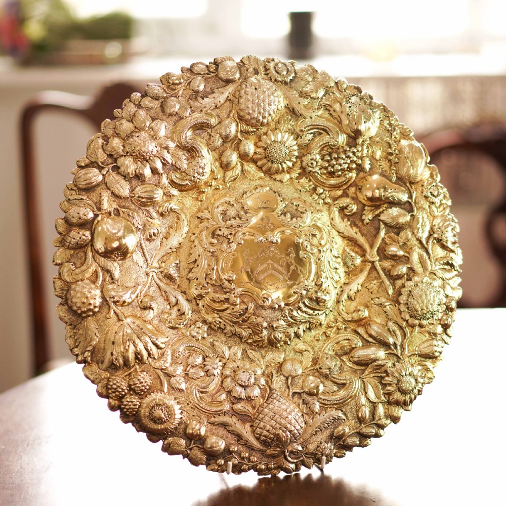 Antique Georgian Solid Silver Gilt Charger/Sideboard Dish Baronet Coat of Arms - London 1809 View III