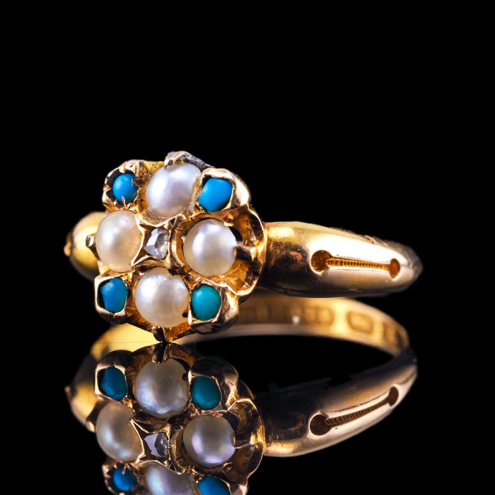 Antique Turquoise, Diamond & Pearl Ring 15ct Gold Victorian Flower Cluster Design - 1897