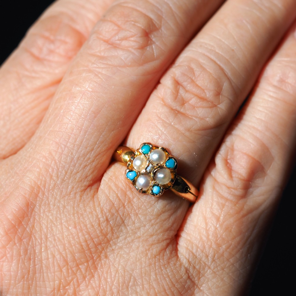 Antique Turquoise, Diamond & Pearl Ring 15ct Gold Victorian Flower Cluster Design - 1897 View II