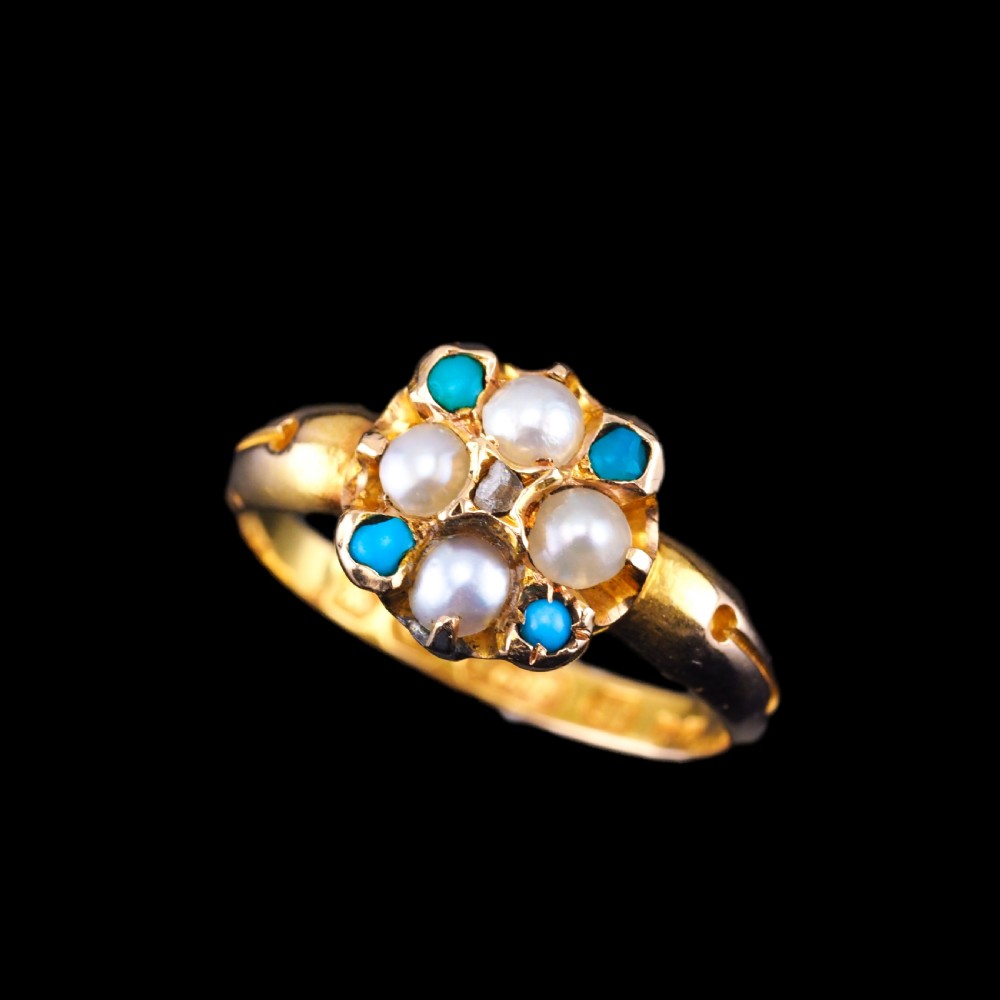 Antique Turquoise, Diamond & Pearl Ring 15ct Gold Victorian Flower Cluster Design - 1897 View VI