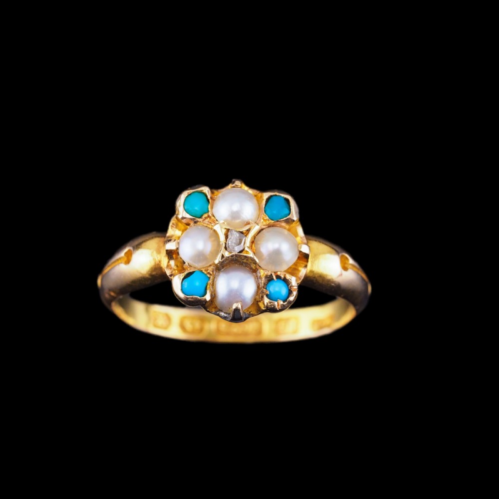 Antique Turquoise, Diamond & Pearl Ring 15ct Gold Victorian Flower Cluster Design - 1897 View VII