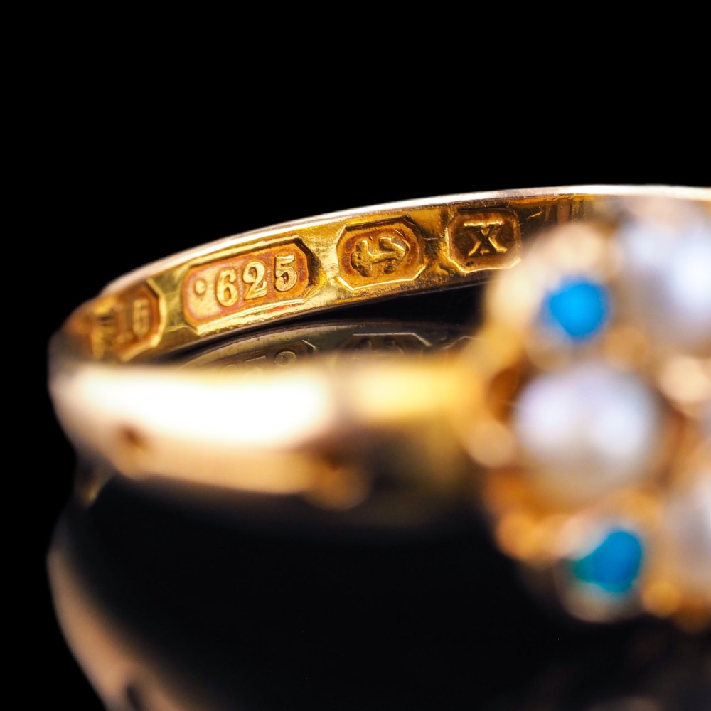 Antique Turquoise, Diamond & Pearl Ring 15ct Gold Victorian Flower Cluster Design - 1897 View X