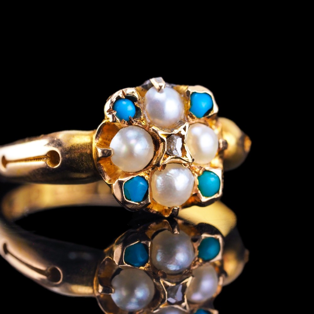 Antique Turquoise, Diamond & Pearl Ring 15ct Gold Victorian Flower Cluster Design - 1897 View XI