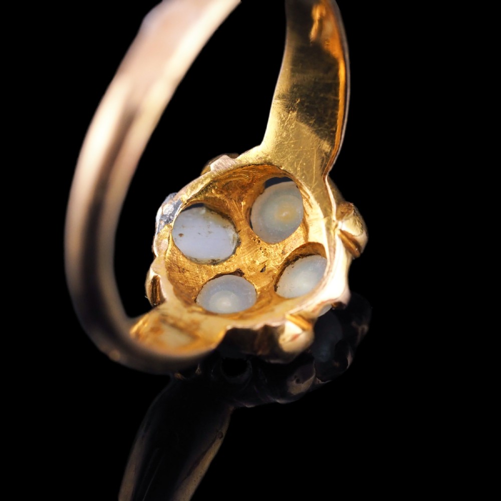 Antique Turquoise, Diamond & Pearl Ring 15ct Gold Victorian Flower Cluster Design - 1897 View XII
