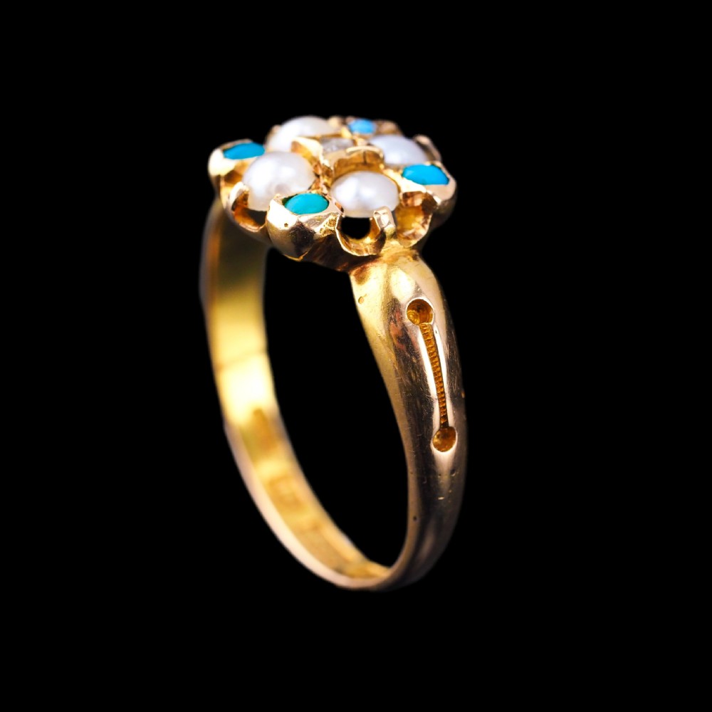 Antique Turquoise, Diamond & Pearl Ring 15ct Gold Victorian Flower Cluster Design - 1897 View XIII