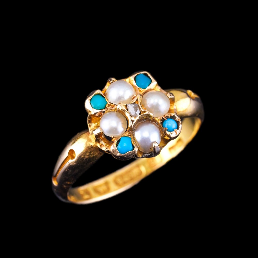 Antique Turquoise, Diamond & Pearl Ring 15ct Gold Victorian Flower Cluster Design - 1897 View XIV