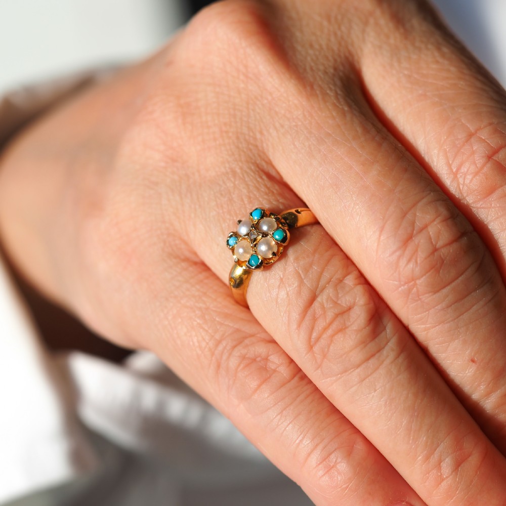Antique Turquoise, Diamond & Pearl Ring 15ct Gold Victorian Flower Cluster Design - 1897 View XV