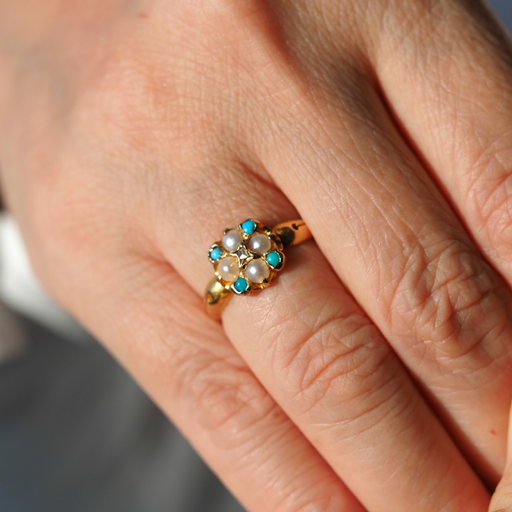 Antique Turquoise, Diamond & Pearl Ring 15ct Gold Victorian Flower Cluster Design - 1897 View XVI