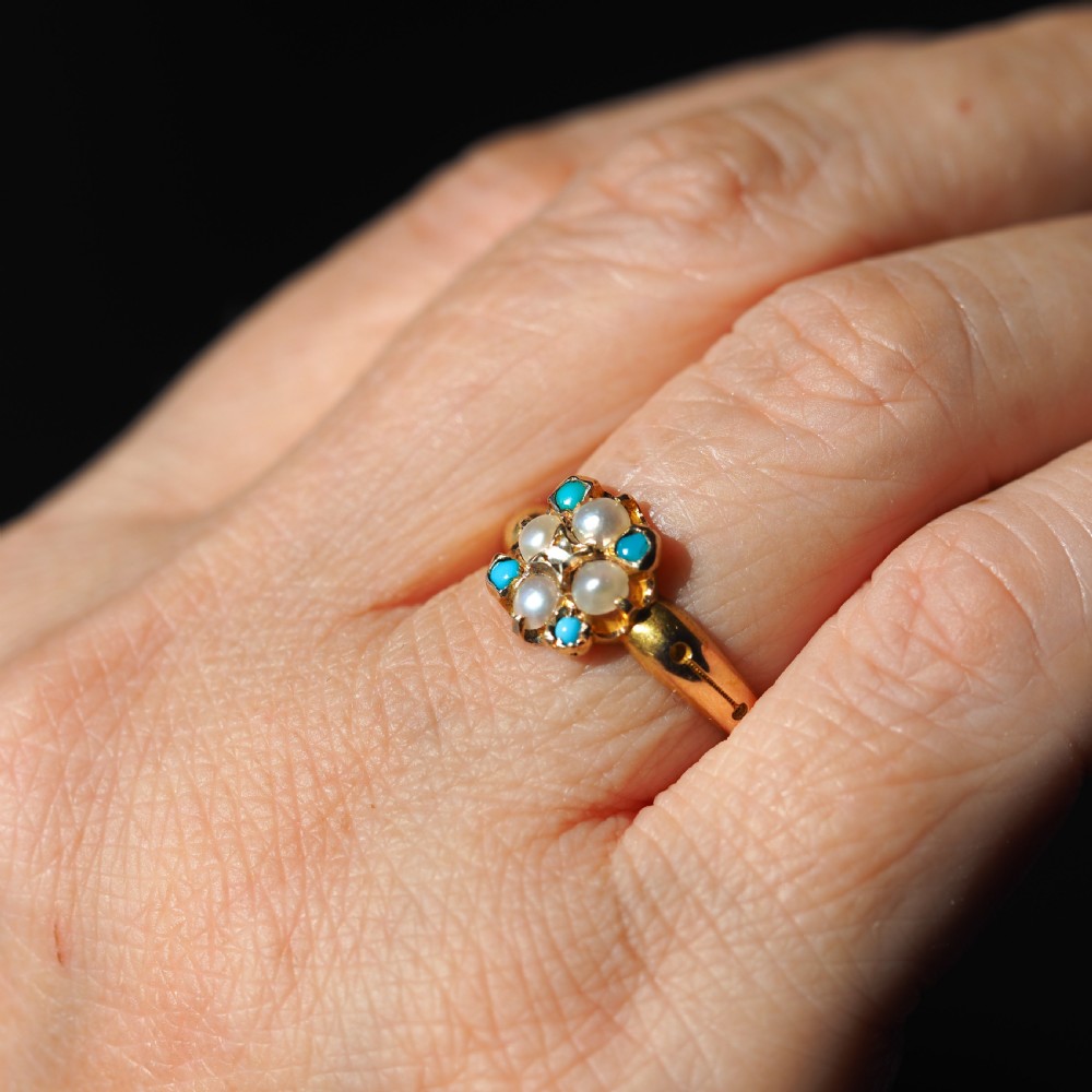 Antique Turquoise, Diamond & Pearl Ring 15ct Gold Victorian Flower Cluster Design - 1897 View XVII