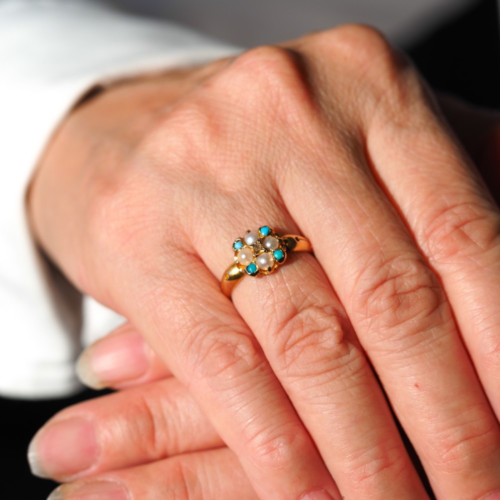 Antique Turquoise, Diamond & Pearl Ring 15ct Gold Victorian Flower Cluster Design - 1897 View XVIII