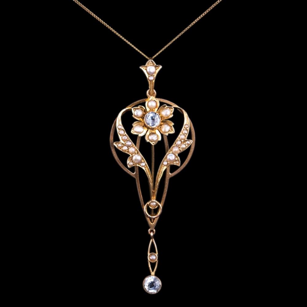 Antique Aquamarine Pendant Necklace with Seed Pearls 9ct Gold Art Nouveau Design - Edwardian c.1905