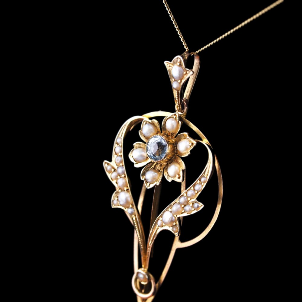 Antique Aquamarine Pendant Necklace with Seed Pearls 9ct Gold Art Nouveau Design - Edwardian c.1905 View II