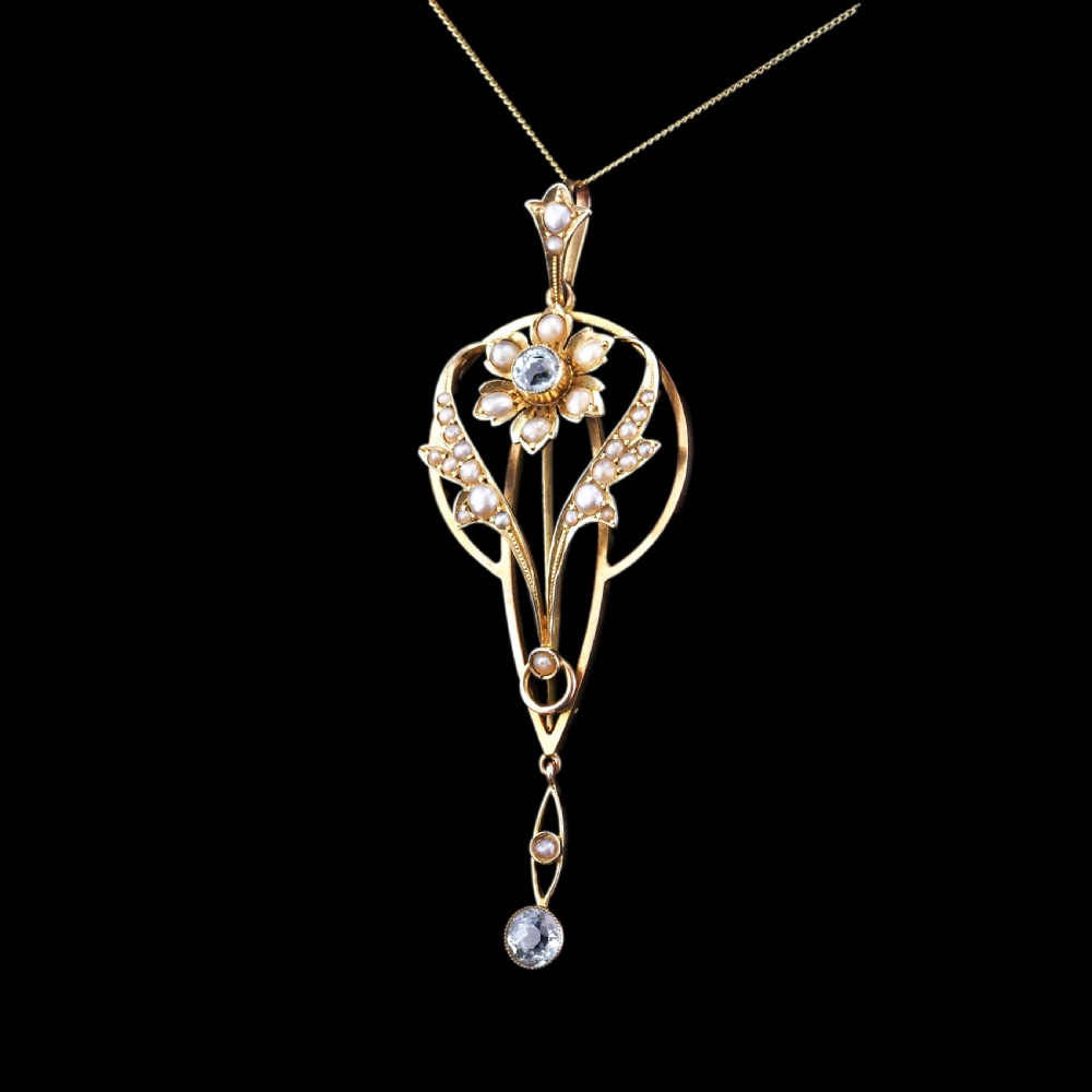 Antique Aquamarine Pendant Necklace with Seed Pearls 9ct Gold Art Nouveau Design - Edwardian c.1905 View III