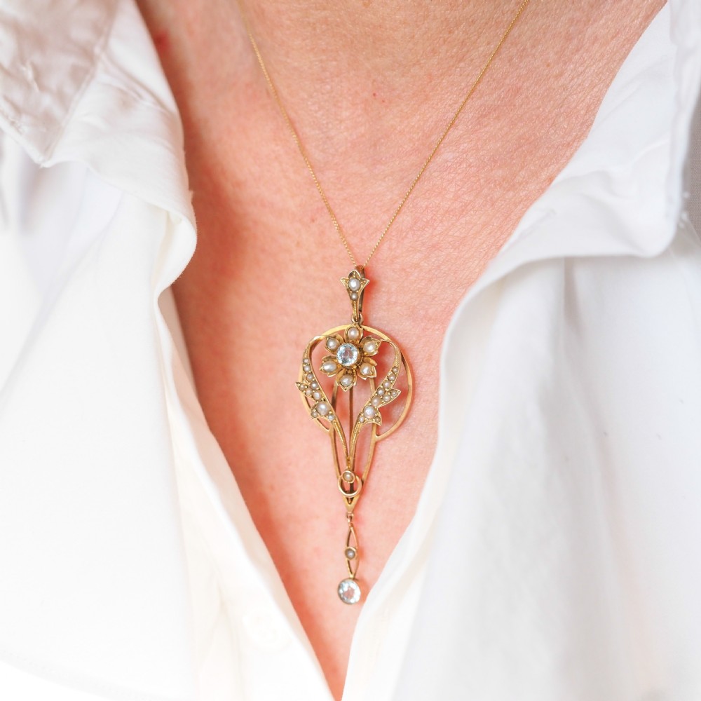 Antique Aquamarine Pendant Necklace with Seed Pearls 9ct Gold Art Nouveau Design - Edwardian c.1905 View IV